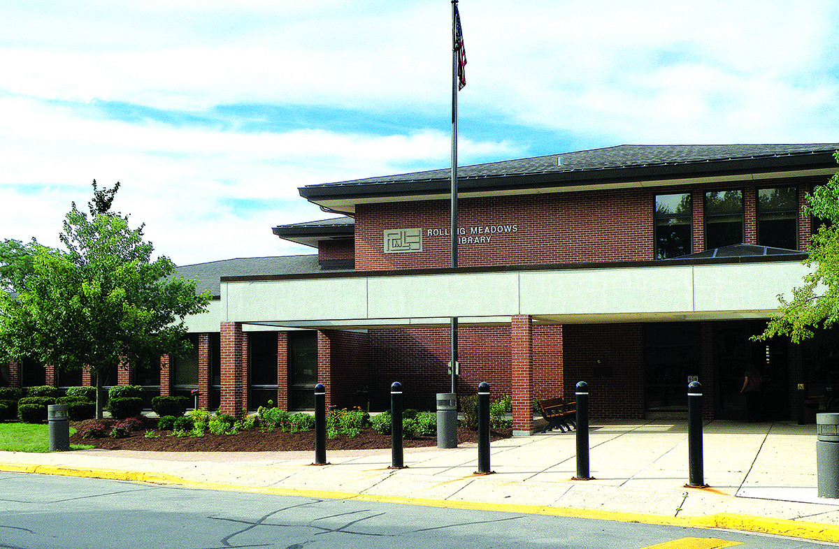 Exterior Building with Rolling Meadows Library  sign visible